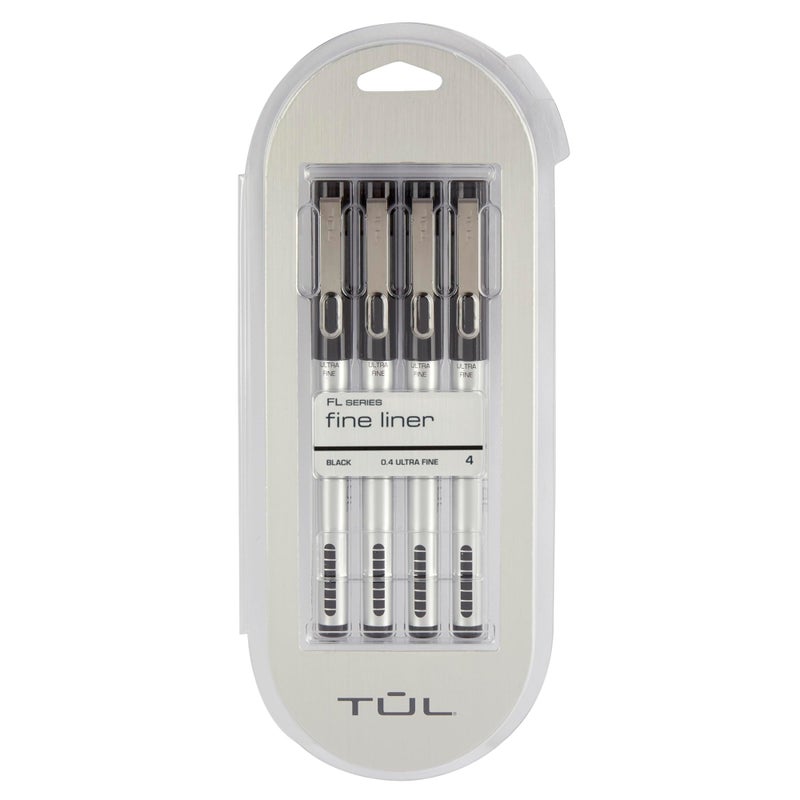 TULÂ® Fine Liner Felt-Tip Pens, Ultra-Fine, 0.4 mm, Silver Barrel, Black Ink, Pack Of 4 Pens - Image 1